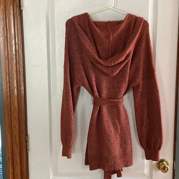 Maurices hooded open front cardigan with belt, burnt orange, large, EUC - Picture 2 of 7